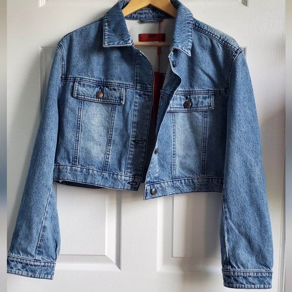 NWT Women's Hugo Boss Gelise Crop Blue Denim Jacket Size XL - Picture 7 of 15